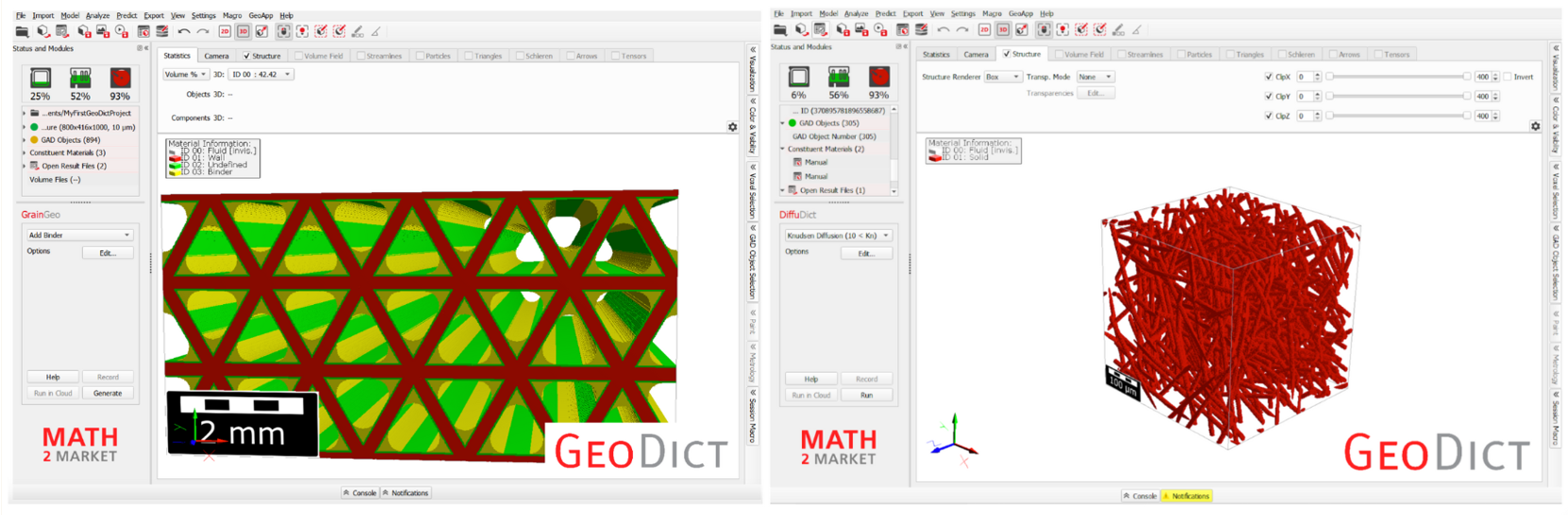 GeoDict simulations of filter lattice and fiber structure